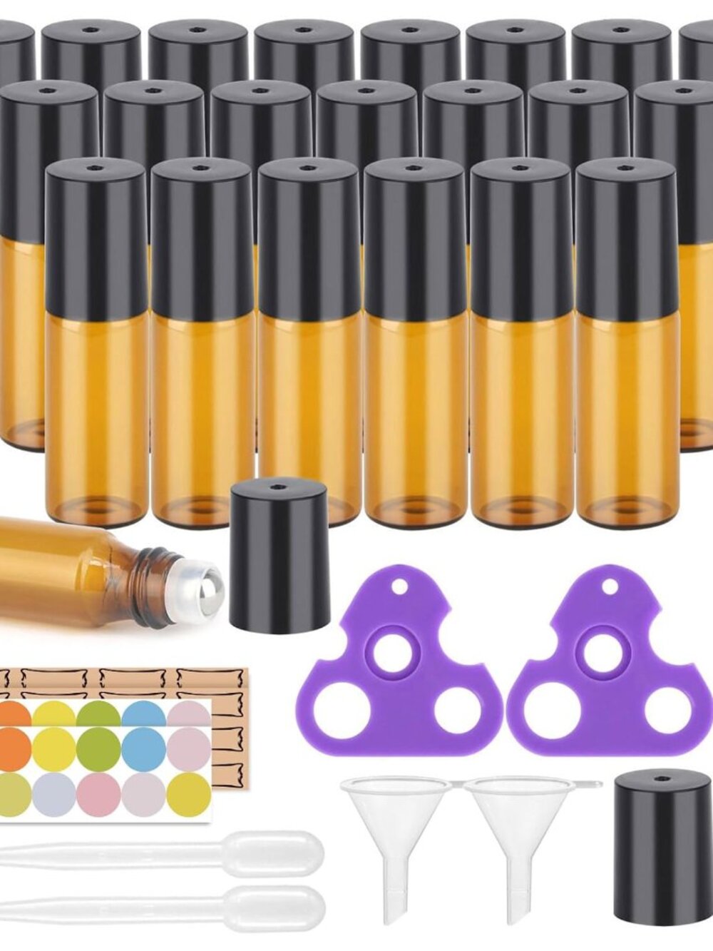 Essential Oil Roller Bottles, 24 Pack Amber Glass Balls Roller Bottles 5ml for E